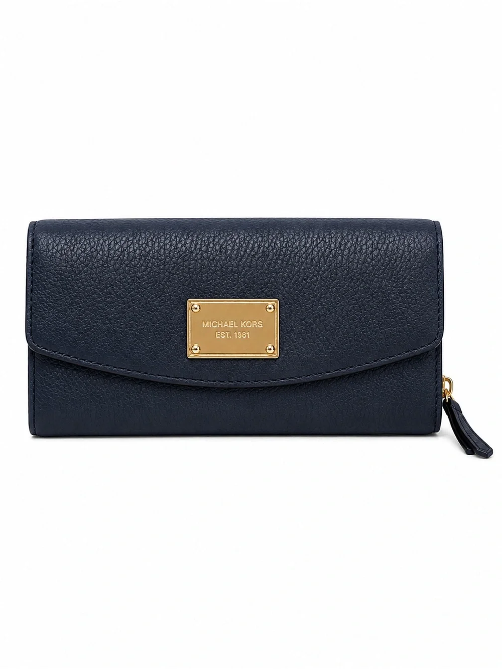 Michael Kors Navy Pebbled Leather Continental Wallet Zip Around Clutch Gold Logo